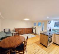 Living room in a studio apartment with wood-patterned flooring, a sofa, and a dining table.