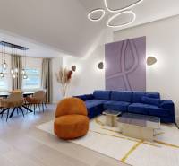 A stylish living area in a 4-room apartment with a wood-decor floor and a modernly lit dining room.