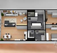 Visualization of a 3-room apartment with a wooden decor floor and a balcony.