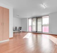 Bright living room in a 3-room apartment with wood-patterned flooring and a balcony.