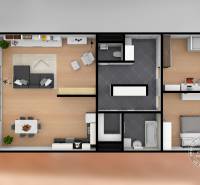 Floor plan of a 3-room apartment with furnishings, wood-patterned flooring, a balcony, and a kitchen.