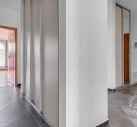 A hallway in a 3-room apartment with doors and flooring featuring a wood decor.