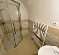 A bathroom in a building with ceramic tiles, a shower cabin, and a ladder radiator.