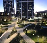An evening in Bratislava on Bottova Street, new buildings with garden architecture.