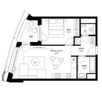 The floor plan of a 2-room apartment includes a loggia, a living room with a kitchen, a bedroom, and a bathroom.