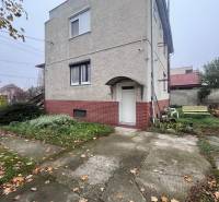 A family house in Dlhá nad Váhom with a plastered facade, a concrete sidewalk, fallen leaves.