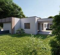 A family house in Žihárec with modern architecture and a landscaped garden surrounded by greenery.