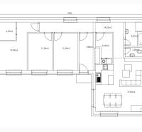 Floor plan of a family house in Žihárec with a living room, kitchen, and three rooms.