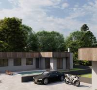 A family house in Žihárec with a swimming pool, two cars, and a motorcycle on a paved yard.