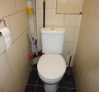 Bathroom in a 2-room apartment with a toilet, a scraper, and a toilet paper holder.