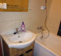 A bathroom with a bathtub and a sink in a two-room apartment.