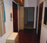 Hallway of a 2-room apartment with dark tiles and wooden decor furniture.