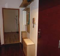 The entrance hall of a two-room apartment with a dark floor and light furniture.