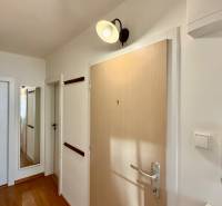 A hallway in a 3-room apartment with a wooden decor floor and a wall painting.