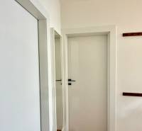 A hallway with white doors and a mirror in a 3-room apartment.