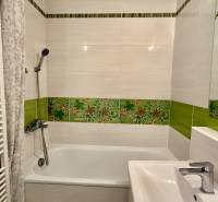 A bathroom with a bathtub, colorful tiles, and a radiator in a 3-room apartment.