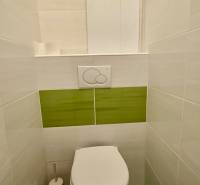 A bathroom with white and green tiles in a three-room apartment.