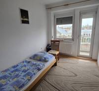 A bedroom with a single bed in a three-room apartment, with a view and a carpet.