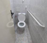 A bathroom with a toilet in a 3-room apartment, tiled with light tiles, with a handle on the wall.