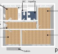Floor plan of a 3-room apartment with wood-patterned flooring, a kitchen, and a balcony.