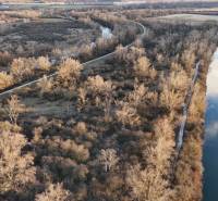 Aerial view of Recreational plots near Nová Ves nad Váhom with a river and forests.