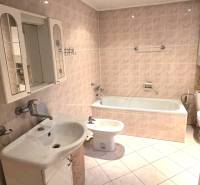 Bathroom with a bathtub, sink, and mirrored cabinet in a family house.