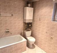 A bathroom in a family house with a bathtub, toilet, and wall heating.