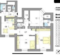 Floor plan of a 4-room apartment with rooms, kitchen, and bathrooms on Brnianska Street, Bratislava.
