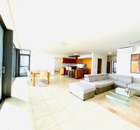 Bright living room in a 4-room apartment with a sofa and a dining table.