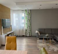 Living room in a 4-room apartment with wood-patterned flooring, a gray sofa, and a TV.