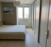 Bedroom in a 4-room apartment with a bed, built-in wardrobe, and floor with wooden decor.