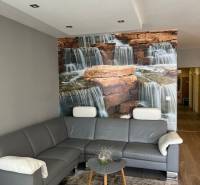A living room with a sofa, waterfall wallpaper, and wood-patterned flooring in a four-room apartment.