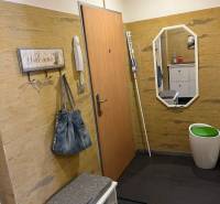 Interior of the hallway in a 4-room apartment with a coat rack, bench, and mirror.