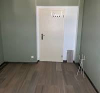 A place in a 4-room apartment with a wooden decor floor and a green wall.