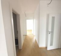 A hallway in a family house with white walls and a wooden-patterned floor.