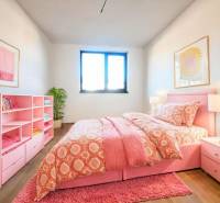 Pink bedroom in a family house with a wood-patterned floor, wardrobe, and plant.
