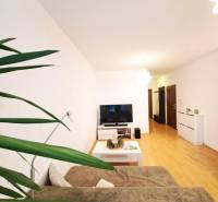 Living room in a two-room apartment with a wooden decor floor, TV, and a comfortable couch.