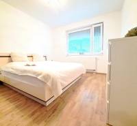 Bedroom in a 2-room apartment with wood-patterned flooring and a large bed.