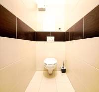 A toilet with large-format tiles in a 2-room apartment, light floor tiles, contrasting stripe.