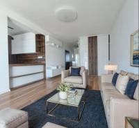 Living room in a two-room apartment with a wooden decor floor and comfortable sofas.