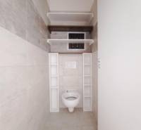 Bathroom in a 2-room apartment with a toilet and storage shelves.