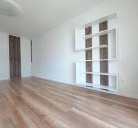 Living room in a two-room apartment with a wooden decor floor and white walls.