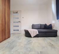 A room in a family house with a sofa, a cabinet, a door, and a floor with a marble design.