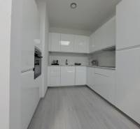 A modern kitchen with white cabinets and a wood-patterned floor in a two-room apartment.