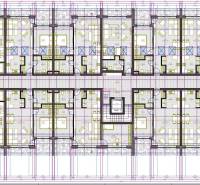 Floor plan of a building with multiple 2-bedroom apartments and a central corridor, ideal for Galanta.