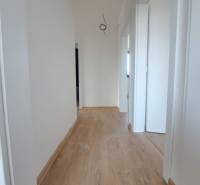 A hallway with white walls and a wooden-decor floor in a family house.