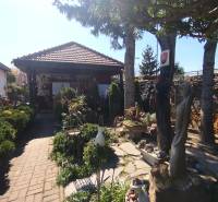 A family house in Šaľa with a beautiful garden, sculptures, and trees in the background.
