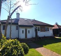 Family house in Šaľa with a garden, brick path, tree and shrubs in front of the entrance.
