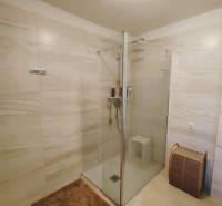 Shower enclosure with marble tiles, glass partition, and brown carpet in a family house.
