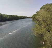 A river surrounded by greenery in the gardens of Šaľa during calm sunny weather.
